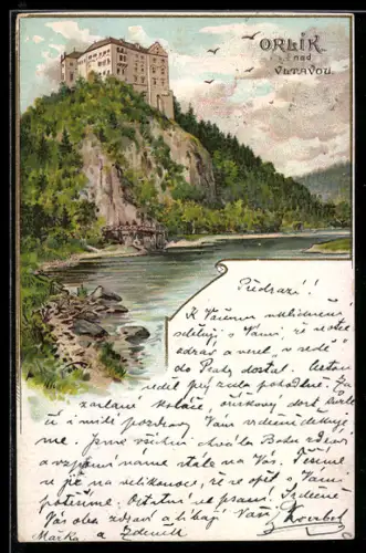 Lithographie Orlik nad Vltavou, Blick vom Fluss zur Burg