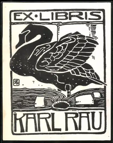 Exlibris Karl Rau, Schwan auf einem aufgeschlagenen Buch