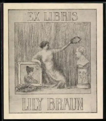 Exlibris Lily Braun, Frau krönt eine Büste mit Lorbeerkranz