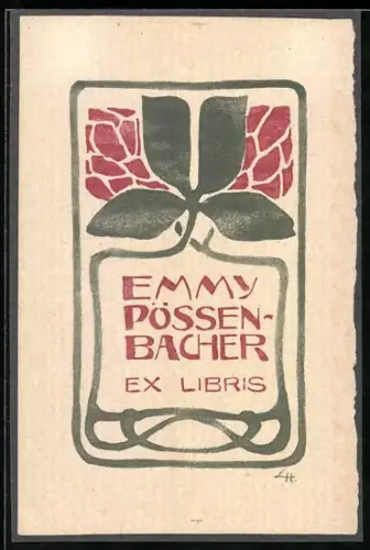 Exlibris Emmy Pössenbacher, Kleeblatt mit Blüten, Jugendstil