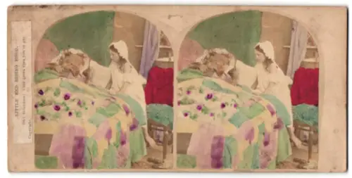 Stereo-Fotografie Portrait von Rotkäppchen wie sie auf den Wolf im Grossmutterkostüm trifft, Fasching