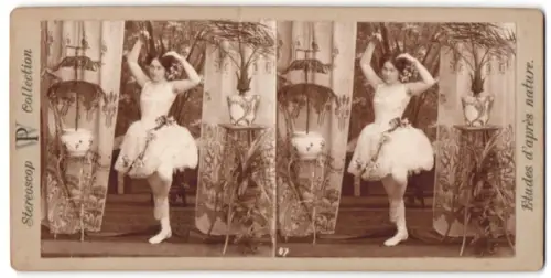 Stereo-Fotografie Portrait einer hübschen Ballerina mit gehobenem Bein, Ballett