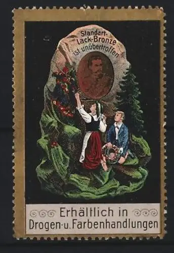 Reklamemarke Standart-Lack-Bronze, Vergoldungsmittel, Frau und Mann im Wald vor einem Stein mit Portrait