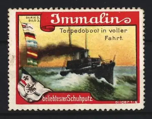 Reklamemarke Immalin, Schuhputzmittel, Torpedoboot in voller Fahrt