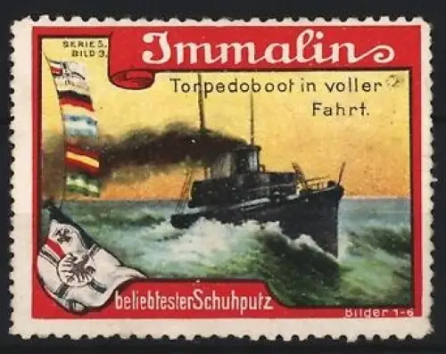 Reklamemarke Immalin, Schuhputzmittel, Torpedoboot in voller Fahrt