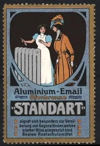 Reklamemarke Aluminium-Email Ofenbronze, Rostschutzmittel Marke Standart, Frauen mit Heizung