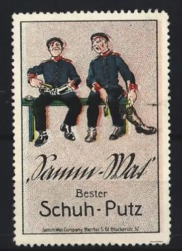 Reklamemarke Berlin, Samm-Wat, Schuhputzmittel, Soldaten mit Schuhen