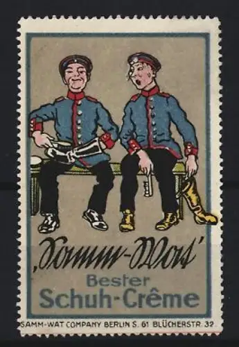 Reklamemarke Berlin, Samm-Wat, Schuhputzmittel, Soldaten auf Bank