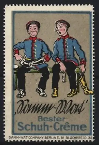 Reklamemarke Berlin, Samm-Wat, Schuhputzmittel, Soldaten beim Stiefelputzen