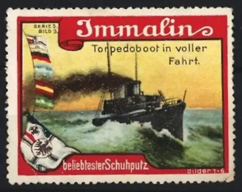 Reklamemarke Immalin, Schuhputzmittel, Torpedoboot in voller Fahrt