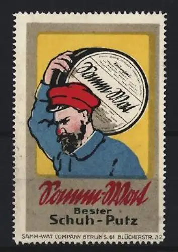Reklamemarke Berlin, Samm-Wat, Schuhputzmittel, Mann mit roter Mütze und Dose Schuhcreme