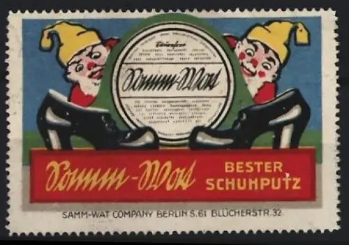 Reklamemarke Berlin, Samm-Wat, Schuhputzmittel, Zwerge sehen sich Schuhe an