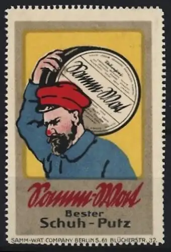 Reklamemarke Berlin, Samm-wat, Schuhputzmittel, Mann mit Creme-Dose