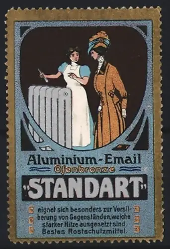 Reklamemarke Aluminium-Email Ofenbronze, Rostschutzmittel Standart, Frauen am Heizkörper