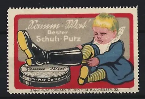 Reklamemarke Berlin, Samm-Wat, Schuhputzmittel, Kind mit zu grossem Stiefel