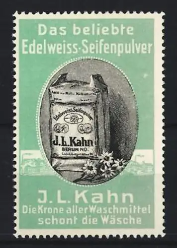 Reklamemarke Berlin, J.L. Kahn, Edelweiss-Seifenpulver, Seifenpackung mit Edelweiss