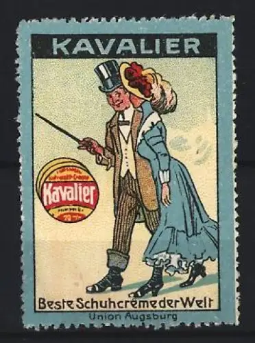 Reklamemarke Augsburg, Kavalier Schuhcreme, Elegantes Paar mit Gehstock und Zylinder