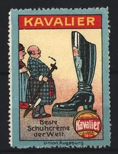 Reklamemarke Kavalier Schuhcreme, Übergrosser Stiefel und Männer