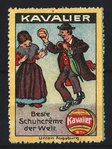 Reklamemarke Union Augsburg, Kavalier Schuhcreme, Paar mit Schuhcreme-Dose