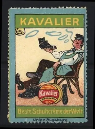 Reklamemarke Union Augsburg, Kavalier Schuhcreme, entspannter Mann mit Schuh und Pfeife