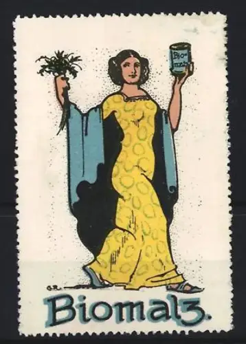 Reklamemarke Biomalz, Frau mit Dose und Blumenstrauss