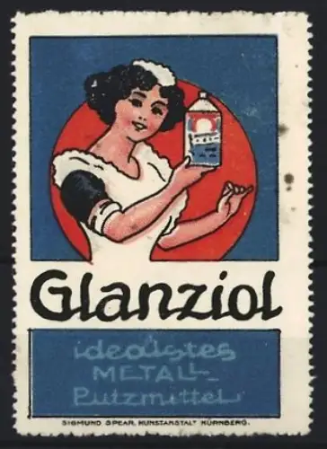 Reklamemarke Glanziol Metallputzmittel, Frau mit Putzmittel