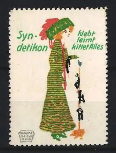 Künstler-Reklamemarke August Hajduk, Syndetikon, Elegante Dame mit Klebstoffflasche
