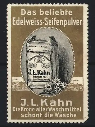 Reklamemarke Berlin, J. L. Kahn, Das beliebte Edelweiss-Seifenpulver, Seifenverpackung
