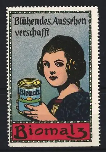 Reklamemarke Biomalz, Frau mit Biomalz-Dose