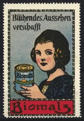 Reklamemarke Blühendes Aussehen verschafft Biomalz, Frau mit Biomalz-Dose