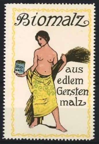 Reklamemarke Biomalz, Frau mit Gerste und Dose