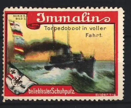 Reklamemarke Immalin Schuhputz, Torpedoboot in voller Fahrt