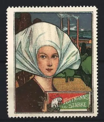 Reklamemarke Hoffmann, Speisestärke, Frau mit Haube und Fabrikhintergrund