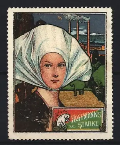 Reklamemarke Hoffmann, Speisestärke, Frau mit Haube und Fabrikszene