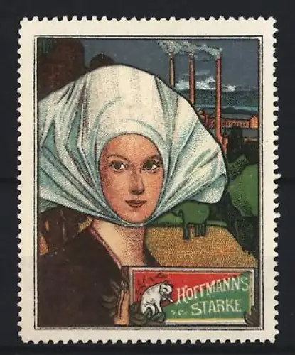 Reklamemarke Hoffmann, Speisestärke, Frau mit Haube und Fabrikszene