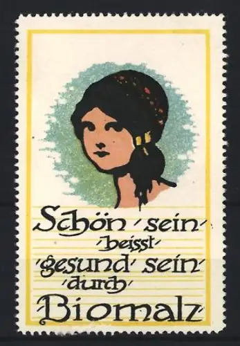 Reklamemarke Biomalz, Kräftigungspräparat, Portrait einer jungen Frau
