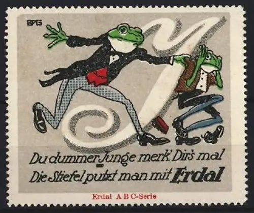 Reklamemarke Erdal, Schuhputzmittel, Frosch mit Stiefelputzmittel