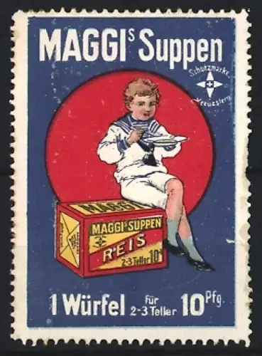 Reklamemarke Maggi, Suppenmischung, Junge auf einem Paket mit Suppenteller