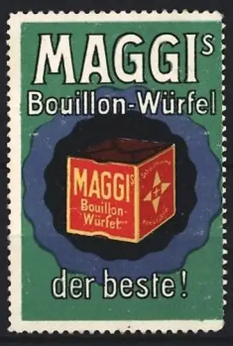 Reklamemarke Maggi, Bouillon-Würfel, Würfel auf blauem Teller