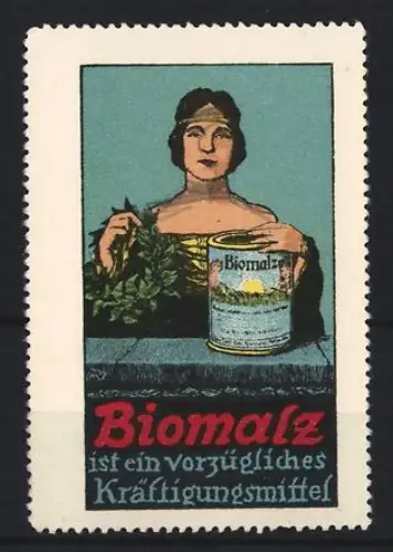 Reklamemarke Biomalz, Kräftigungspräparat, Frau mit Biomalz-Dose