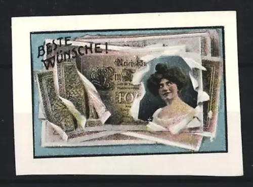Reklamemarke Glückwunschmarke, Portrait einer hübschen Frau in einem Reichsmarkschein