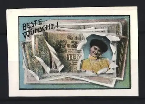 Reklamemarke Glückwunschmarke, Portrait einer Frau in einem Reichsmarkschein