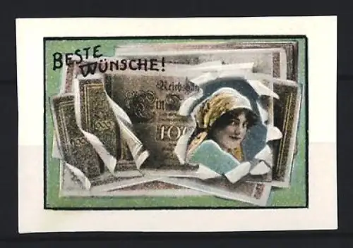 Reklamemarke Glückwunschmarke, Portrait einer Frau in einem Reichsmarkschein