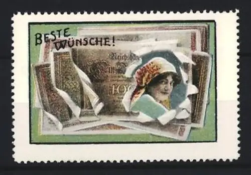 Reklamemarke Glückwunschmarke, Portrait einer Frau in einem Reichsmarkschein