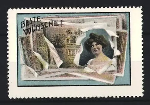 Reklamemarke Glückwunschmarke, Portrait einer Frau in einem Reichsmarkschein