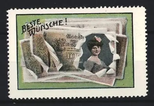 Reklamemarke Glückwunschmarke, Portrait einer Frau in einem Reichsmarkschein