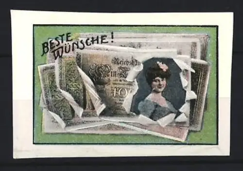 Reklamemarke Glückwunschmarke, Portrait einer Frau in einem Reichsmarkschein