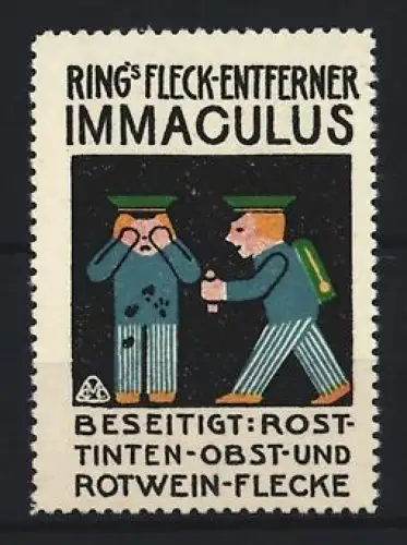 Reklamemarke Ring, Fleck-Entferner Immaculus, Zwei Figuren mit Fleckenentferner