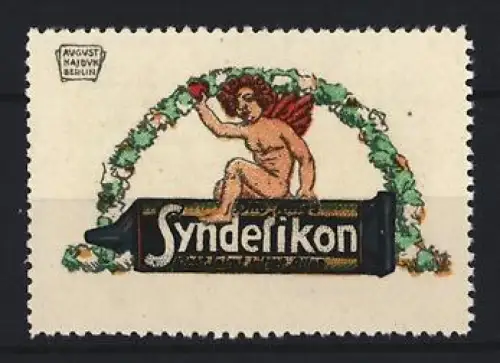 Künstler-Reklamemarke August Hajduk, Syndetikon, Klebstoff, Engel auf Tube