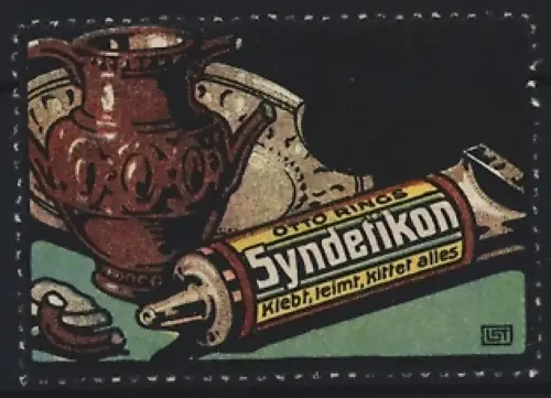 Reklamemarke Otto Ring, Syndetikon, Kleber, Klebstofftube und Keramikstück